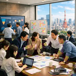 The image showcases a modern office space bustling with activity A large conference room is filled with diverse professionals engaged in a heated disc-1