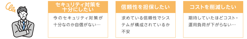 お悩み例：セキュリティ対策を十分にしたい、信頼性を担保したい、コストを削減したい