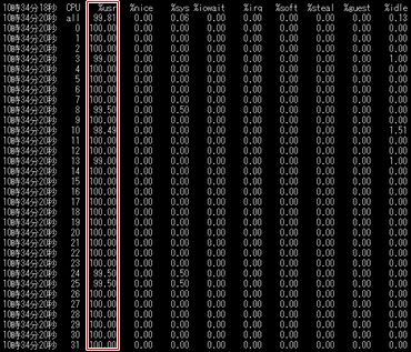 CPUを使用するセッションが24：12：12の際のmpstat