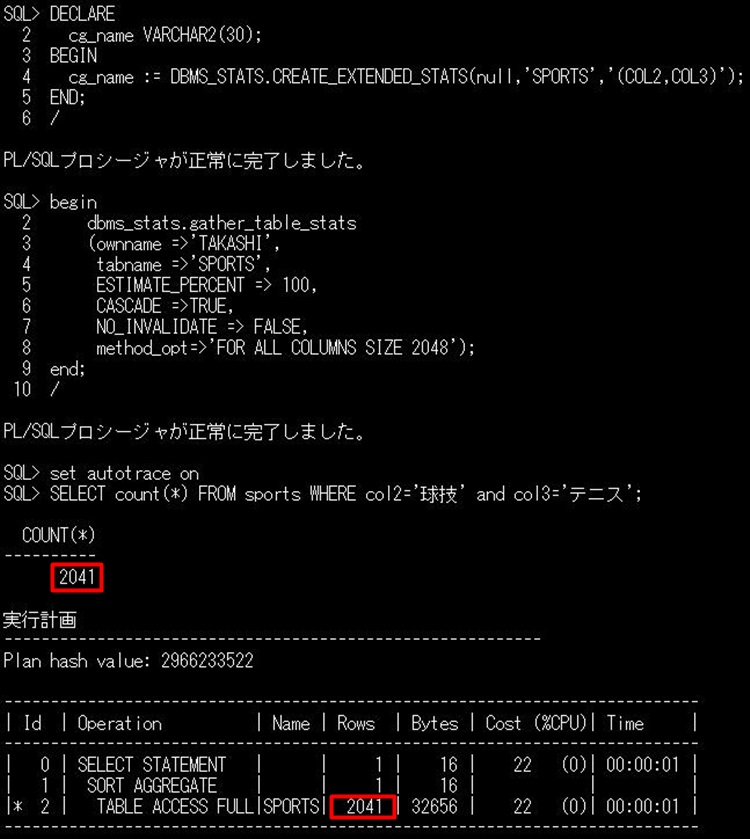 列グループを作成し、拡張統計を取得したことで見積りが改善