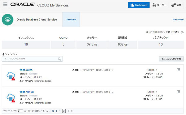 Oracle Database Cloud Serviceの管理画面