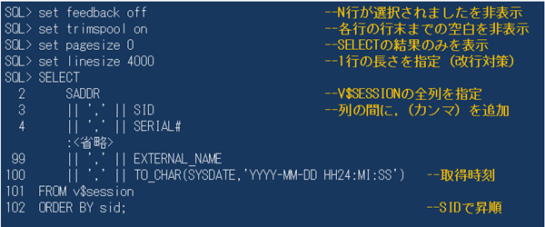 図3：V$ビューの情報はカンマ区切りで出力させる
