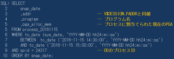 図19：プロセスIDをキーにロードしたV$PROCESSを検索