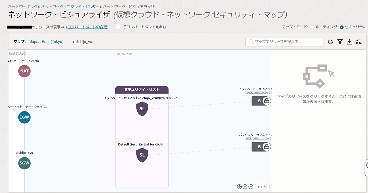 ネットワーク・ビジュアライザのVCNセキュリティ・マップ画面1