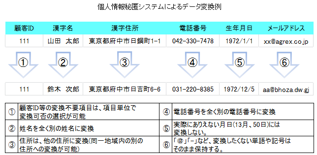 個人情報秘匿システムによるデータ変換例