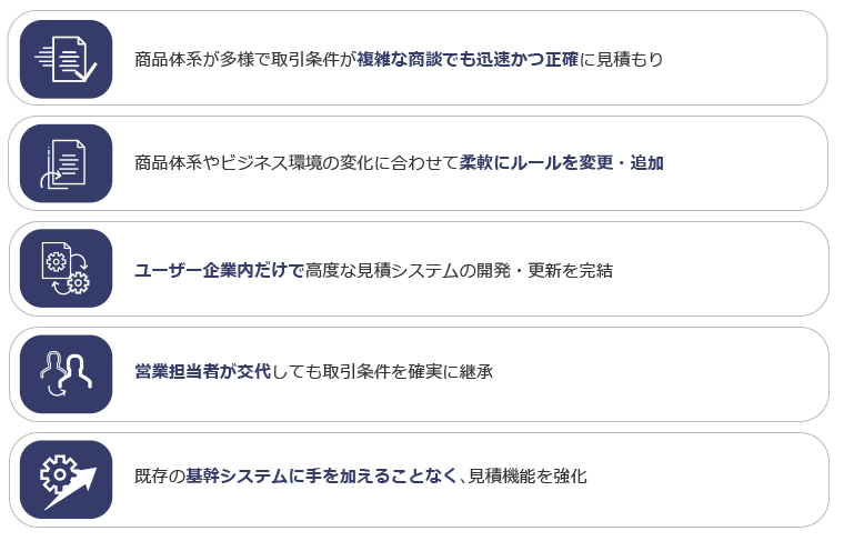 商品体系が多様で取引条件が複雑な商談でも迅速かつ正確に⾒積もり／商品体系やビジネス環境の変化に合わせて柔軟にルールを変更・追加／ユーザー企業内だけで⾼度な⾒積システムの開発・更新を完結／営業担当者が交代しても取引条件を確実に継承／既存の基幹システムに⼿を加えることなく、⾒積機能を強化